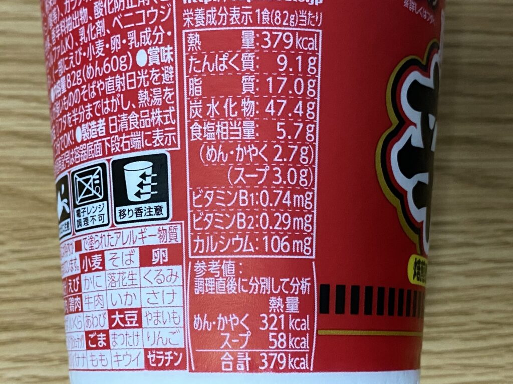 カップヌードル辛麺の栄養成分の表示