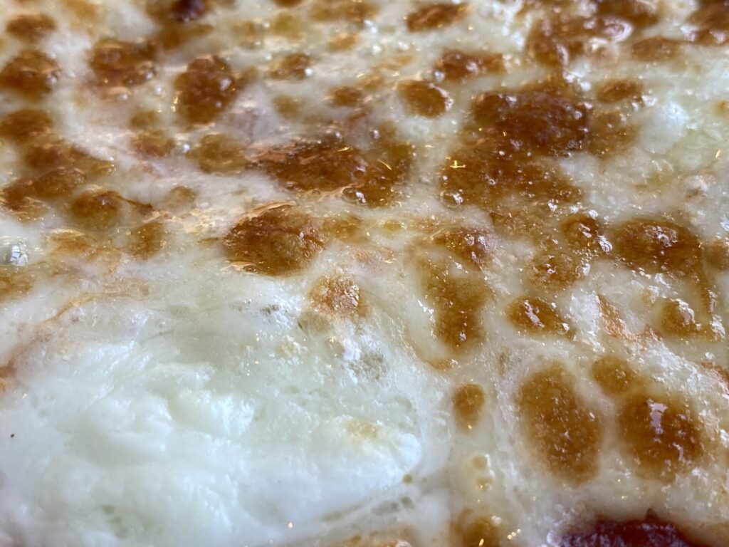 マルゲリータピザは生地とチーズだけのシンプルなピザ。チーズがこんがりと焼かれている。