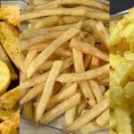 業務スーパーで販売されている1kgフライドポテト3種を比較した写真。左から皮付きのナチュラルカット、中央は細長いシューストリングカット、右は波型のクリンクルカット。いずれも調理済みで、揚げたての様子がわかる。