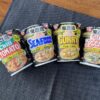 魔改造カップヌードル4種類を斜めに並べた写真（チリトマト・シーフード・カレー・しょうゆ）