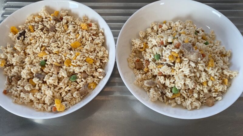 冷凍チャーハンを電子レンジ用とフライパン用にそれぞれ分けて盛り付けた状態。具材の偏りや見た目の違いを比較できる。