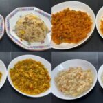 業務スーパーの1kg冷凍ごはんシリーズ4種（チャーハン・チキンライス・ドライカレー・エビピラフ）を2種類ずつ調理して並べた比較写真