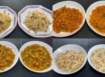 業務スーパーの1kg冷凍ごはんシリーズ4種（チャーハン・チキンライス・ドライカレー・エビピラフ）を2種類ずつ調理して並べた比較写真