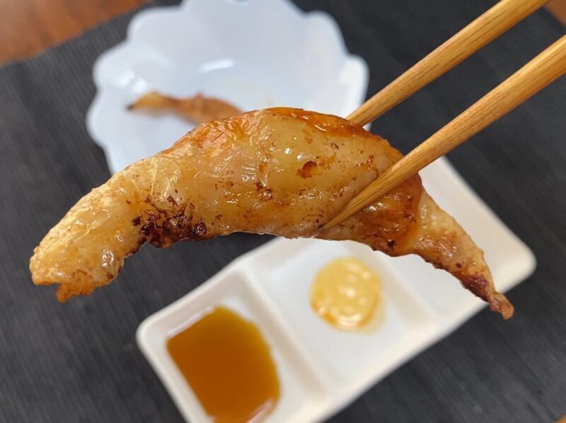 こんがり焼けた鶏皮ぎょうざを箸で持ち上げた様子。外はパリッと、中はジューシーな鶏皮餃子の食感が伝わるクローズアップ写真。