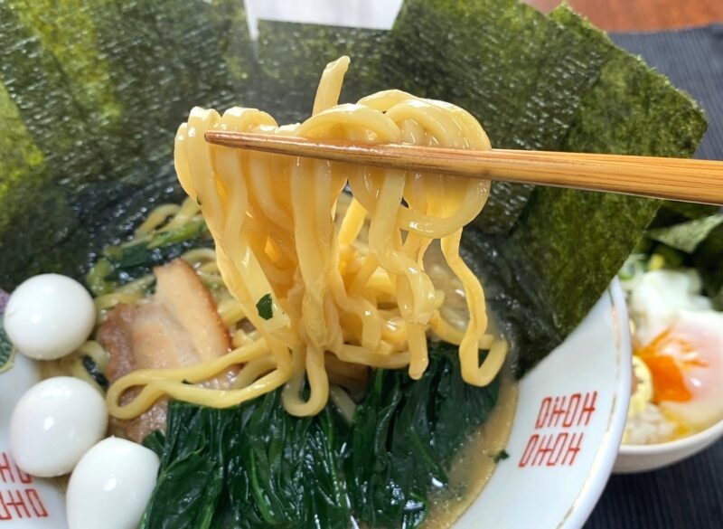 箸で持ち上げたモチモチの太麺 スープが絡んだ光沢