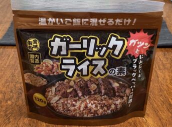業務スーパーのガーリックライスの素のパッケージ表面。ステーキが乗ったガーリックライスの写真入り